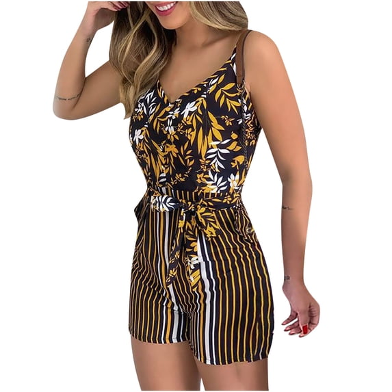 Honeeladyy Discount Womens Tie Dye Jumpsuit Shorts Summer V Neck Sleeveless Tank Top Boho Floral Jumpsuit Rompers with Belt and Pockets