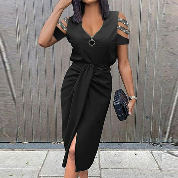 Honeeladyy Dress Party Beach Dresses on Clearance Women's Solid Color V Neck Off The Shoulder Short Sleeve Slit Dress