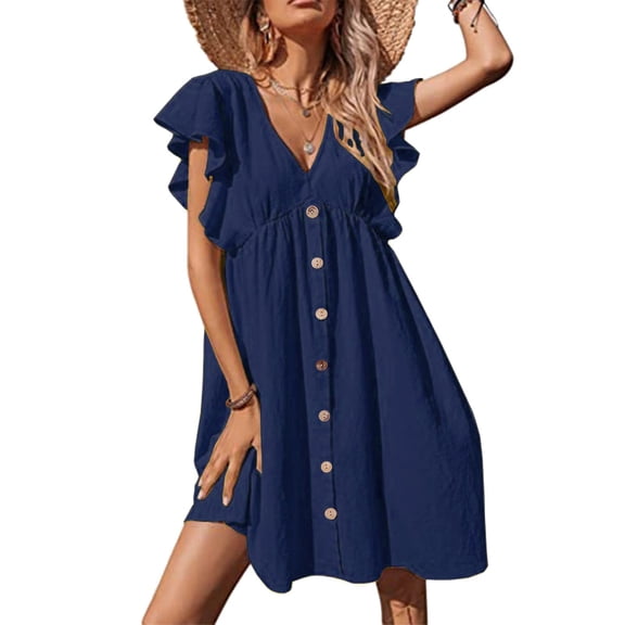 Honeeladyy Dresses for Women Summer Casual Loose Fashion Women Summer Casual V-Neck Button Solid Short Sleeve Dress