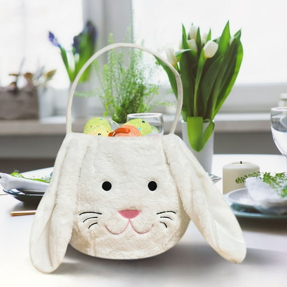 Honeeladyy Easter Bunny Gifts Basket for Toddlers, Cute Soft Portable Lightweight Easter Bucket Bags with Rabbit Ears for Easter Eggs Hunting, Easter Decorations, Candy Gifts Storage (White)