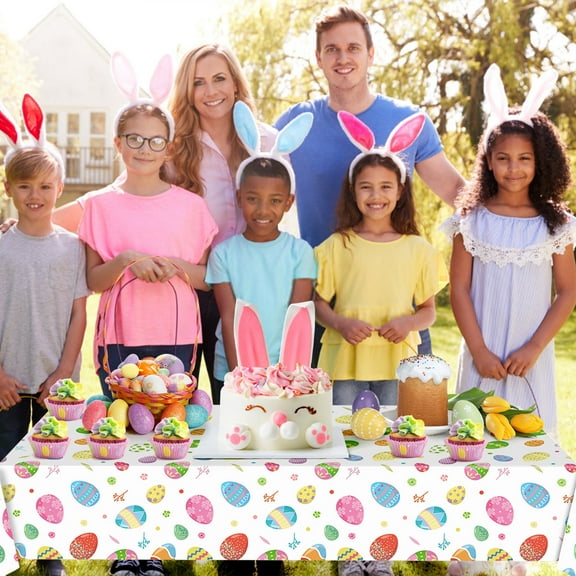 Honeeladyy Easter Tablecloth Party Decorations, 54 x 108 Inch Rectangular Plastic Easter Egg Bunny Table Cloth, Waterproof Disposable Table Cover for Spring Easter Birthday Party Decor Supplies