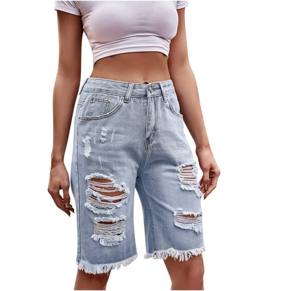 Honeeladyy Elastic Waist Sports Womens Shorts Women's Worn-out Skinny Jeans With Washed Wool Hem Half Casual Short Jeans