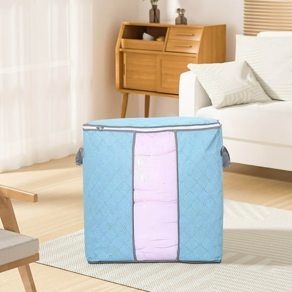 Honeeladyy Extra Large Blanket Storage Bags Breathable Visual Clothes Storage Containers for King Comforter Bedding Pillow Sheet with Reinforced Handles, Blue, 17.32"X19.69"X10.24"