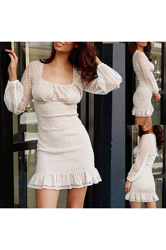 Fashion Casual Women's Square-Neck Long Sleeve See-Through Pencil Skirt Mid Skirt Dress summer dresses for women
