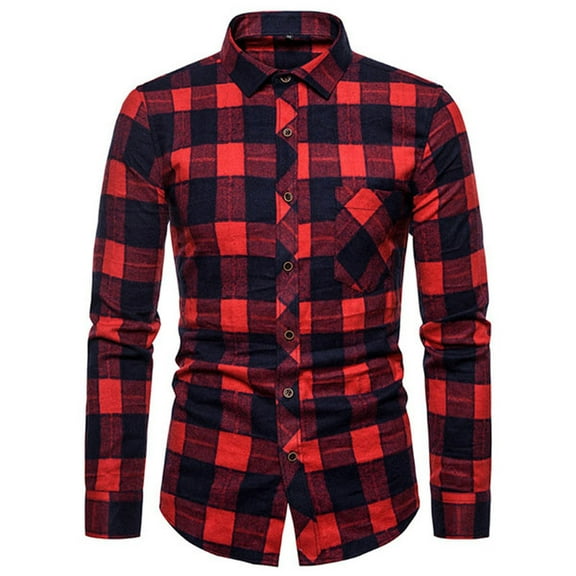 Honeeladyy Fashion Men Casual Plaid Print Pocket Long Sleeves Shirt Blouse