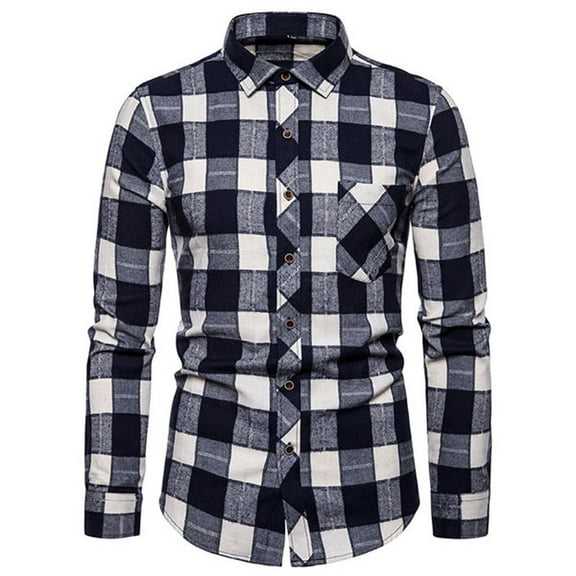 Honeeladyy Fashion Men Casual Plaid Print Pocket Long Sleeves Shirt Blouse