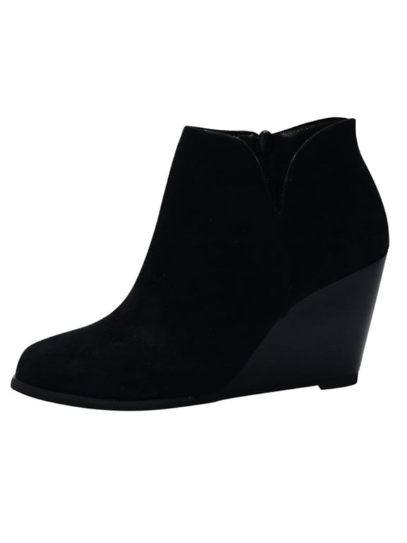 Fashion Women Suede Wedges Zipper Solid Color Short Booties Round Toe Shoes Black Sales Online