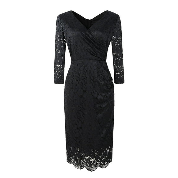 Honeeladyy Fashion Women V-Neck Solid Vintage Elegant Midi Evening Dress 3/4 Sleeves Dress summer dresses for women