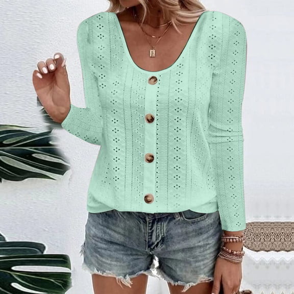 Honeeladyy Fashion Women's Button Round-Neck Long Sleeve Casual T-shirt Blouse for Country Concert (Mint Green,M)