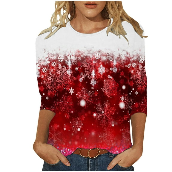 Honeeladyy Fashion Women's Comfortable Round-Neck 3/4 Sleeve Print Casual T-shirt Blouse #J-5-Red-S