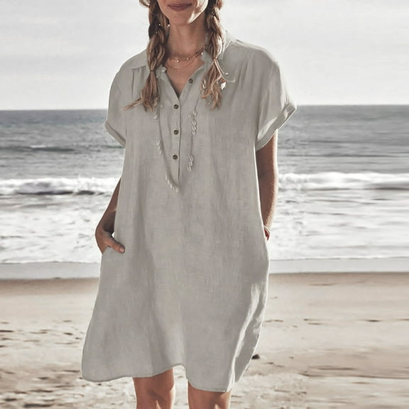 Honeeladyy Fashion Women's Summer Casual Cotton Loose Short Sleeve Solid Shirt Dress Women's dating summer dresses