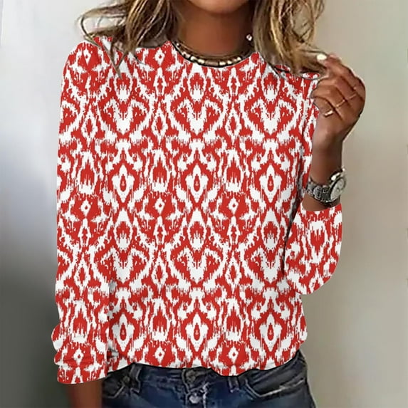 Honeeladyy Fashionable Women's Printed Round Neck Pullover Long Sleeved Casual Top for Workout Gym (Red,L)