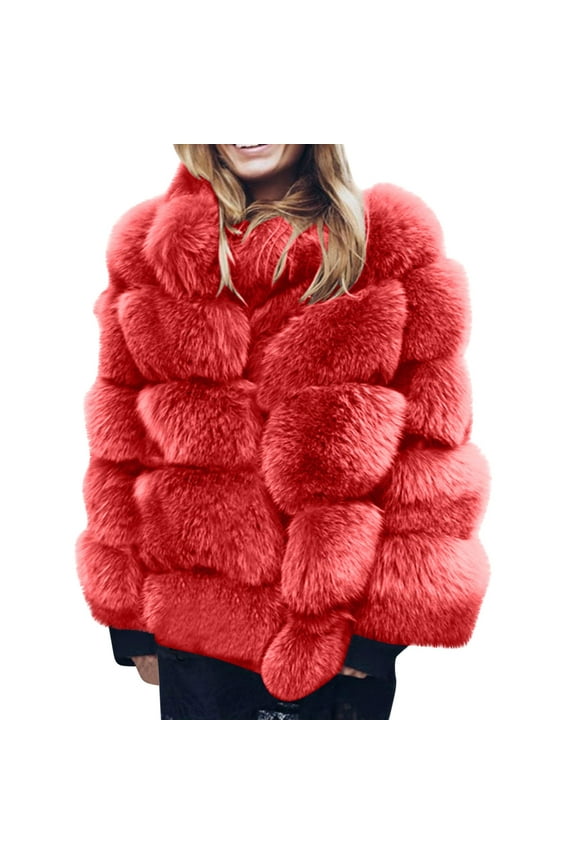 Faux Fur Coats Sequin Winter Furry Women Fuzzy Outfits Wedding Jackets #H-Red-S