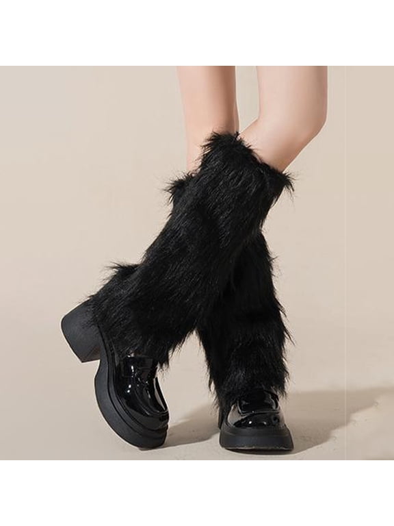 Faux Fur Leg Warmers Furry Boot Covers, Women's Fur Leg Warmers Warm Fuzzy Boot Cuff Boot Sleeves for Outdoor Activities, Black