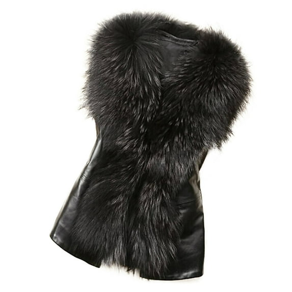 Honeeladyy Faux Leather Vest Women with Fur Collar Winter Coats Bowknot Jackets Waistcoat Fall Outerwear Black M