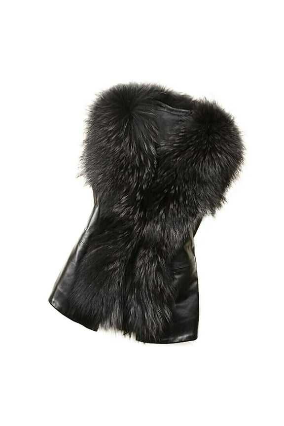 Faux Leather Vest Women with Fur Collar Winter Coats Bowknot Jackets Waistcoat Fall Outerwear Black XL