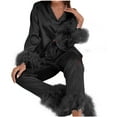 thumbnail image 1 of Honeeladyy Feather Trim Pajama Set for Women ,Fall Warm Satin Silk Long Sleeve Button Top With Long Pants Sleepwear for Weekend Christmas Gift Black S, 1 of 9