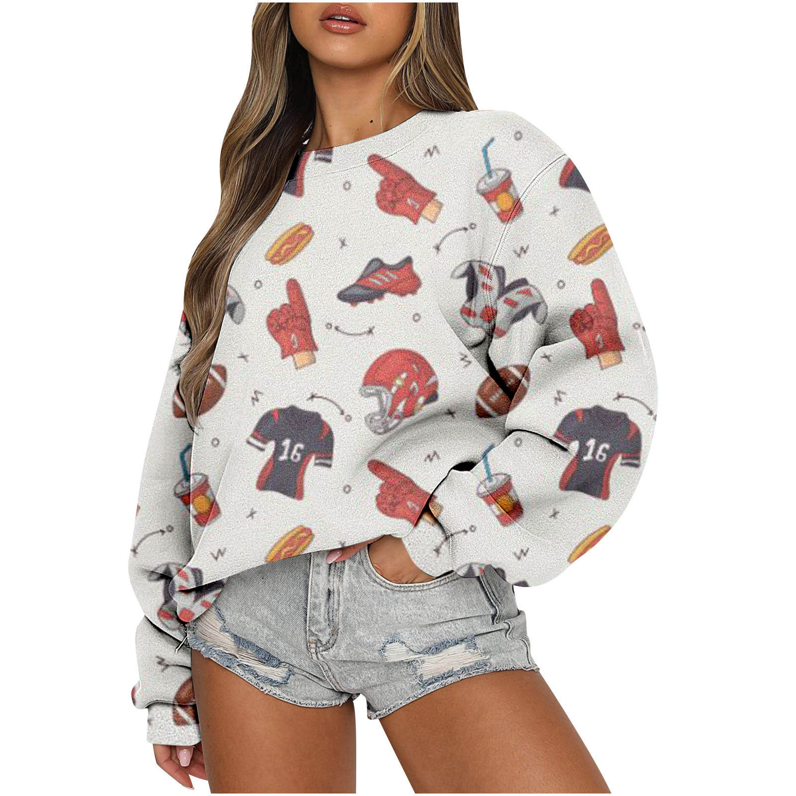 Honeeladyy Football Sweatshirts for Women Crew Neck Long Sleeve Game Day Shirts Pullover Funny