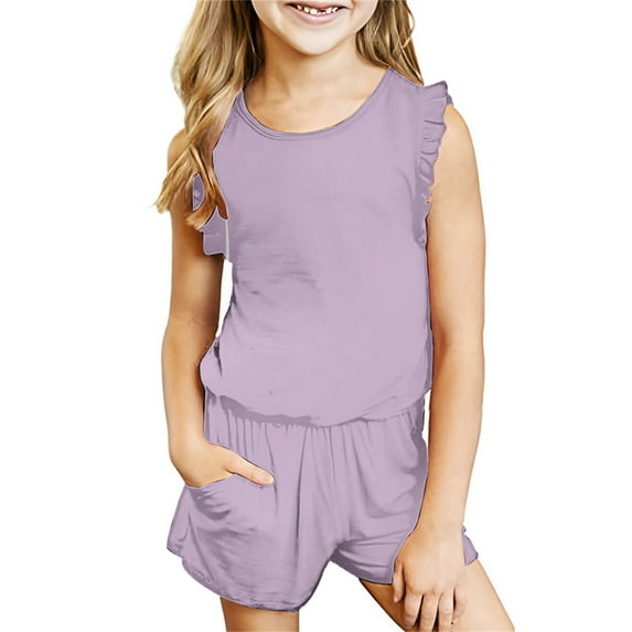 Honeeladyy Girls 2 Piece Outfit Summer Short Set Solid Color Sleeveless Tank Top and Shorts Cute Clothes for Toddler Girls Purple 5-6 Years