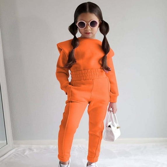 Honeeladyy Girls 2 Piece Outfits Velour Tracksuit Cute Clothes Sweatsuit Ruffle Pullover Sweatshirt Sweatpants Clothing Sets for Fall Spring Holiday Gift Orange 6-7Years
