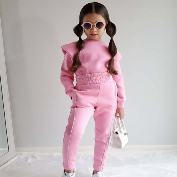 Honeeladyy Girls 2 Piece Outfits Velour Tracksuit Cute Clothes Sweatsuit Ruffle Pullover Sweatshirt Sweatpants Clothing Sets for Fall Spring Thanksgiving Gift Pink 5-6Years