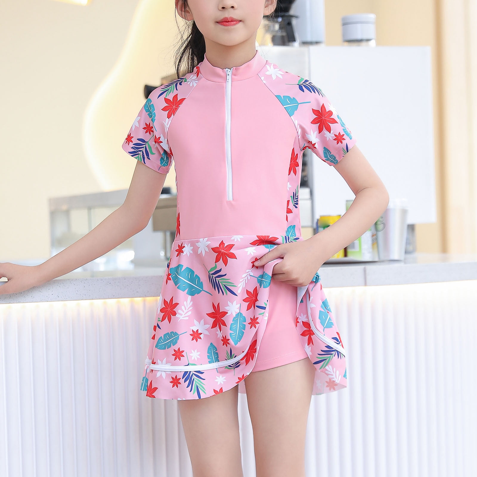 Honeeladyy Cute One Piece Short Sleeve Athletic Rash Guards Swim Dress 2 Piece Set Girl s Walmart