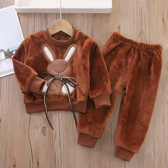 Honeeladyy Girls Pants Sets Two Pieces Outfit Kids Fuzzy Fluffy Printed Sweatshirt with Fleece Sweatpants Spring Fall Cute Casual Set Birthday Gift Brown 4Years