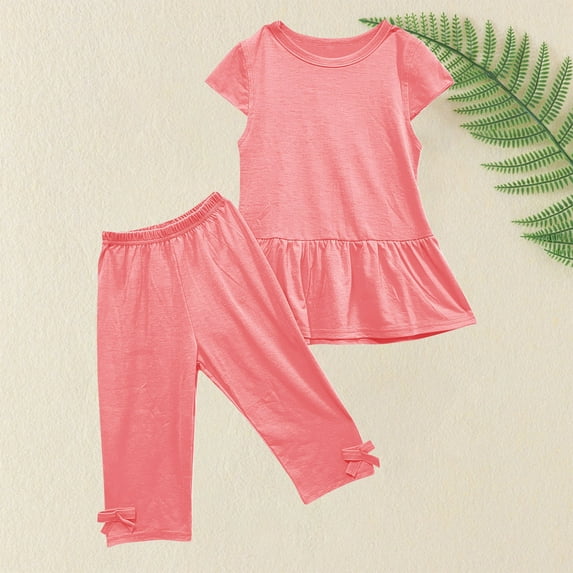 Honeeladyy Girls Summer Outfits 2 Piece,Toddler Solid Color Short Sleeve Tops with Cropped Pant Comfy Clothing Set
