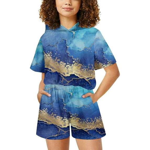 Honeeladyy Girls Two Piece Outfits Gradient Color Shirt Shorts Set Short Sleeve Hoodie Tops with Elastic Waist Shorts Dark Blue 8-9 Years