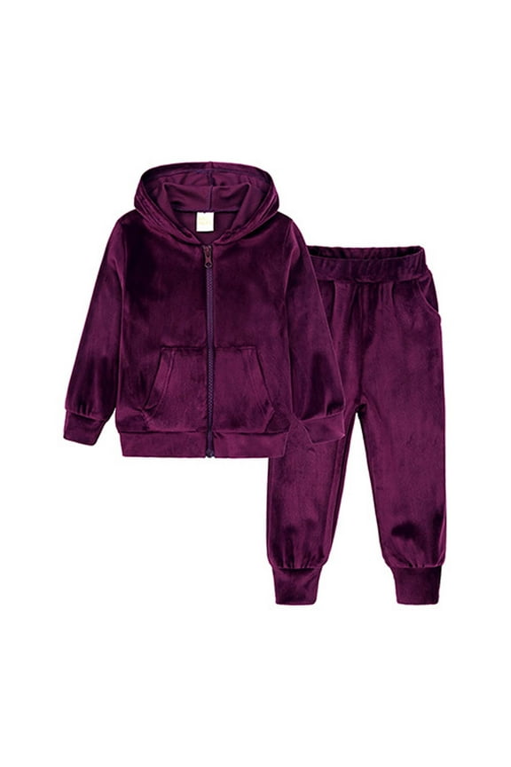 Girls Velour Zip Up Hoodie Sweatsuit ,Solid Color Fleece Tracksuit Set Fall Winter Spring Jogger Suit Casual Outfits Holiday Gift Purple 8-9Years