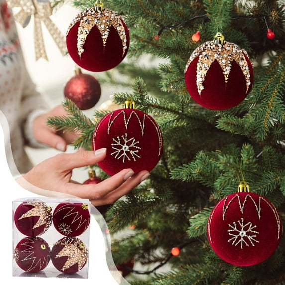 Honeeladyy Glitter Velvet Pearl Christmas Ball Ornaments Set of 4, 3.15 Inch Flocked Hanging Ornaments for Holiday Tree, Window Display & Festive Home Decoration