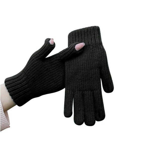 Honeeladyy Gloves for Running in Cold Weather, Women's Winter Screen Knit Warm Lining Three Finger Double Touchable Screen SMS Fingertip Design Mittens