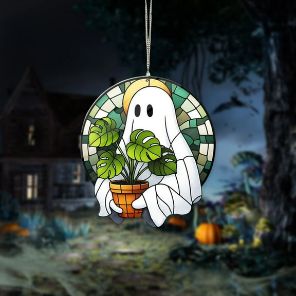 Honeeladyy Halloween Acrylic Suncatcher Hanging - Ghost Holding Plant, Halloween Plant Lovers Gift, Cute Ghost Plant Hanging Decor, Pendant Wall Window Ornament, Fall Hosting Decor