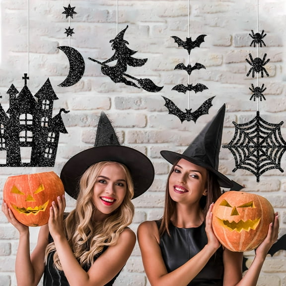 Honeeladyy Halloween Decoration Set of 10, Shiny Hanging Ornaments with Witch Bat Castle Accent Halloween Plastic Hanging Signs Halloween Hanging Decors with Ropes for Halloween Party