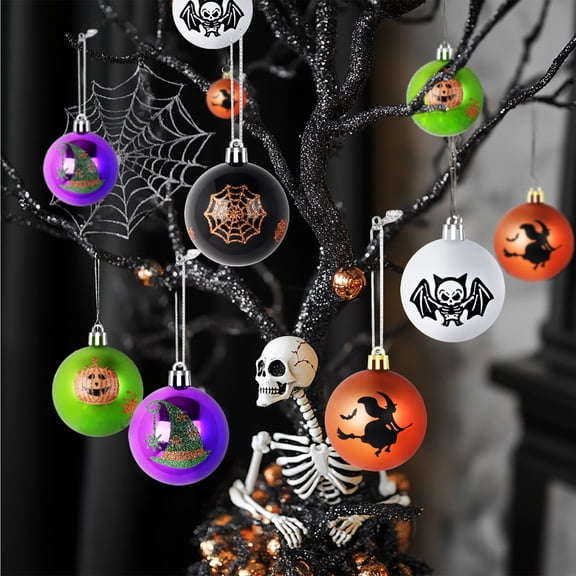 Honeeladyy Halloween Hanging Decorations 16-Pack 2.36 Inch - Colorful Plastic Pumpkin Bat Skull Balls For Tree Porch Window Party Seasonal Decor