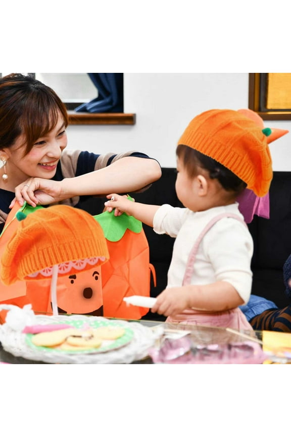 Halloween Pumpkin Hat, 2024 New Pumpkin Knit Beret Hat Plush Beanie Toddler Cute Winter Warm Cap for Kids Halloween Christmas Thinksgiving, 7.48"x3.15"