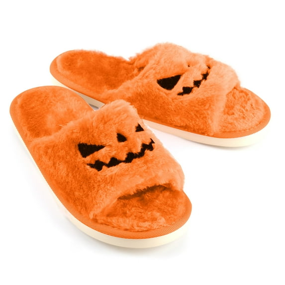 Honeeladyy Halloween Slippers Soft Plush Cozy Open Toe Women Indoor Or Outdoor Fuzzy Shoes Gifts For Girls Ladies Women Orange Clearance under 10$