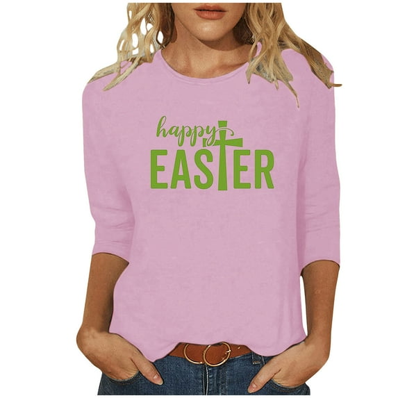 Honeeladyy Happy Easter Shirt for Women,Cute Letter Graphic 3/4 Sleeve Tops Spring Crew Neck Christian Religious Tees Gift Pink XXXXL