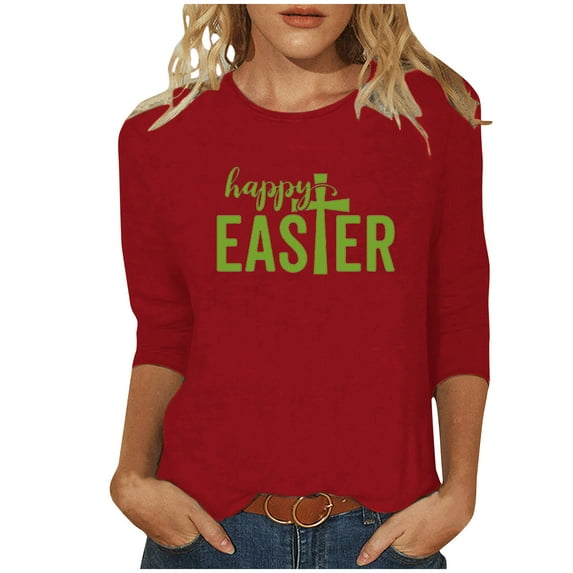 Honeeladyy Happy Easter Shirt for Women,Cute Letter Graphic 3/4 Sleeve Tops Spring Crew Neck Christian Religious Tees Gift Red XXXL