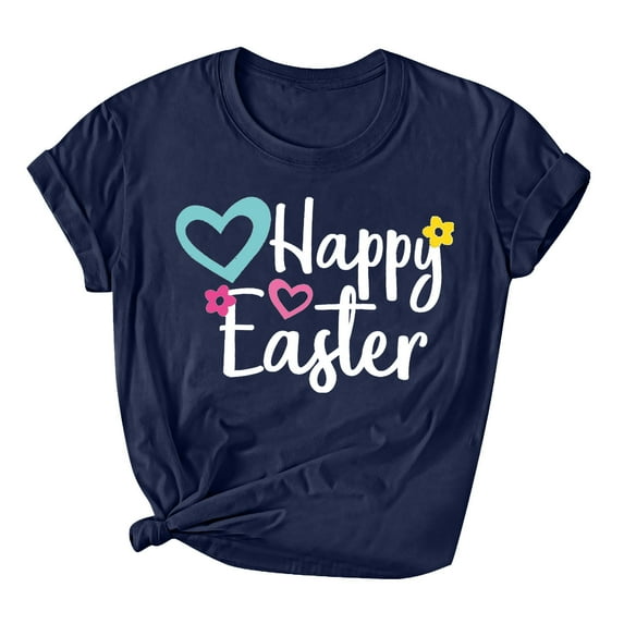 Honeeladyy Happy Easter Shirts for Women,Cute Graphic T Shirt Funny Letter Printed Christian Short Sleeve Tee Tops Gift Navy L