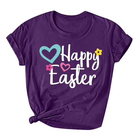 Honeeladyy Happy Easter Shirts for Women,Cute Graphic T Shirt Funny Letter Printed Christian Short Sleeve Tee Tops Gift Purple XXL
