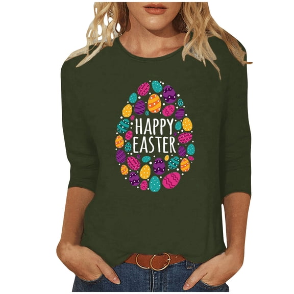 Honeeladyy Happy Easter Shirts for Women,Fashion 2024 3/4 Sleeve Round Neck Funny Eggs Print Pullover Tops Spring Tees Gift Army Green L