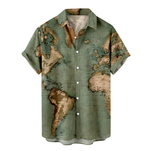 Honeeladyy Hawaiian Shirt for Men Funky Casual Button Down Short Sleeve Beach Shirts Fashion World Map Print Summer Tops Christmas Gift for Dad Army Green S