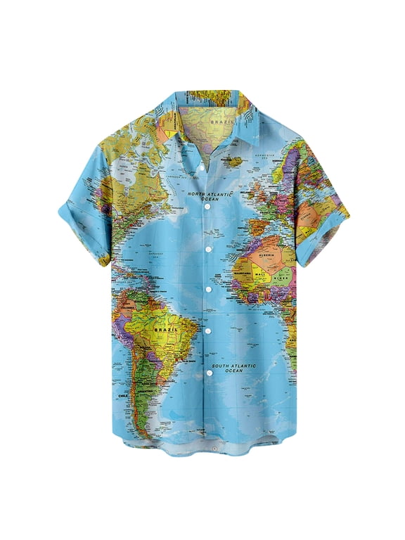 Hawaiian Shirt for Men Funky Casual Button Down Short Sleeve Beach Shirts Fashion World Map Print Summer Tops Valentines Day Gifts for Boyfriend Sky Blue L
