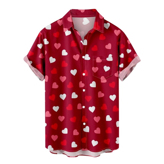Honeeladyy Hawaiian Shirt for Men Loose Fit Short Sleeve Button Down Tops Valentines Day Heart Print Beach Shirts Christmas Gifts for Son Hot Pink S