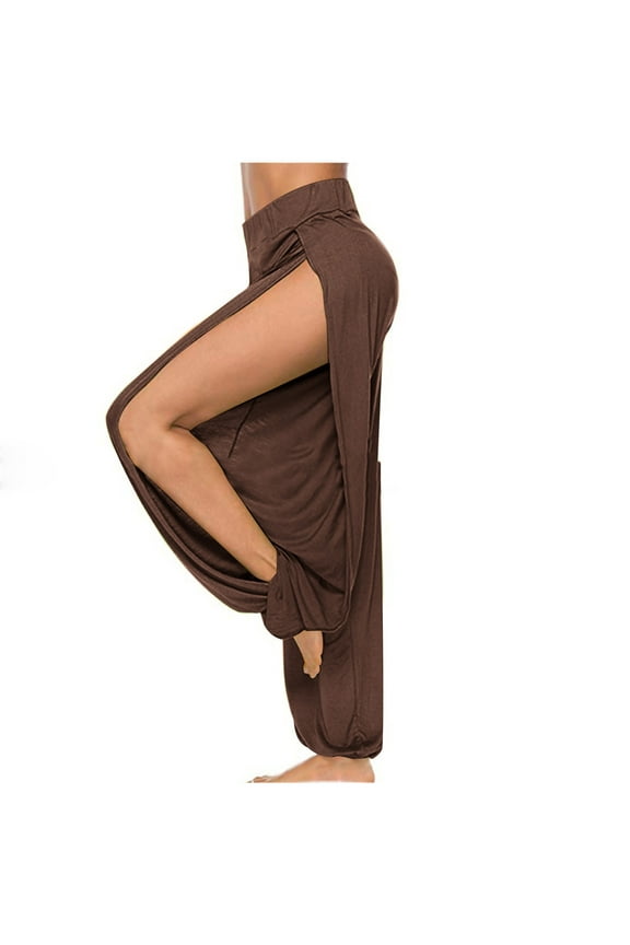 High Slit Harem Pants Women Hippie Harem Pants Trousers Coffee-XXL