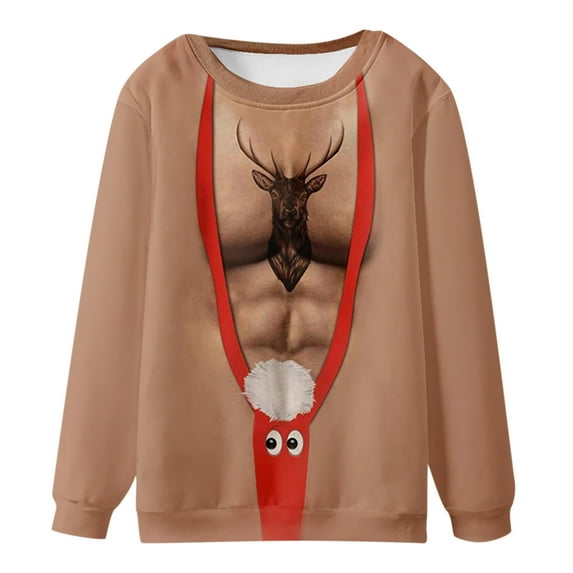 Honeeladyy Hoodie Sweatshirt for Men,Men Casual Fashion Round Neck Sweatshirt Christmas Chest Hair Weird 3D Digital Printing Pullover Long Sleeve Tops