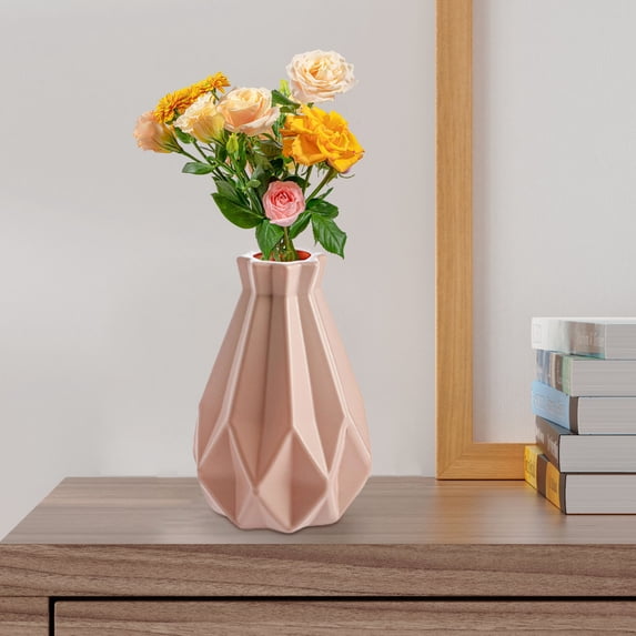 Honeeladyy Imitation Ceramic Vase for Home Decor, Plastic 8 Inch Pink Flowers Vase, Modern Hydroponic Vase for Centerpieces Entryway Shelf Living Room Table Office Party Meeting Decoration