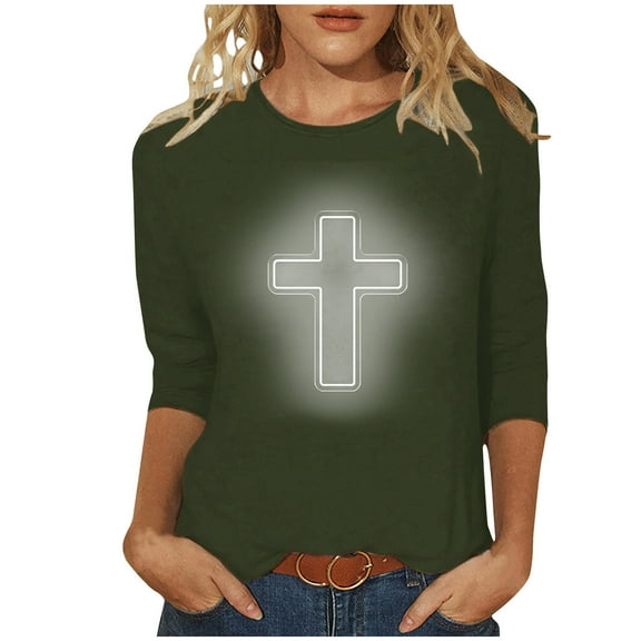 Honeeladyy Jesus Shirts for Women,Christian Cross Graphic 3/4 Sleeve Tops Happy Easter Gift Crew Neck Blouses Spring Casual Tunic Tshirt Gift Army Green XL