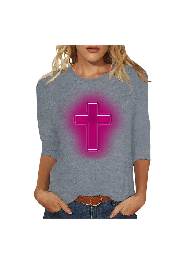 Jesus Shirts for Women,Christian Cross Graphic 3/4 Sleeve Tops Happy Easter Gift Crew Neck Blouses Spring Casual Tunic Tshirt Gift Gray XXXXL